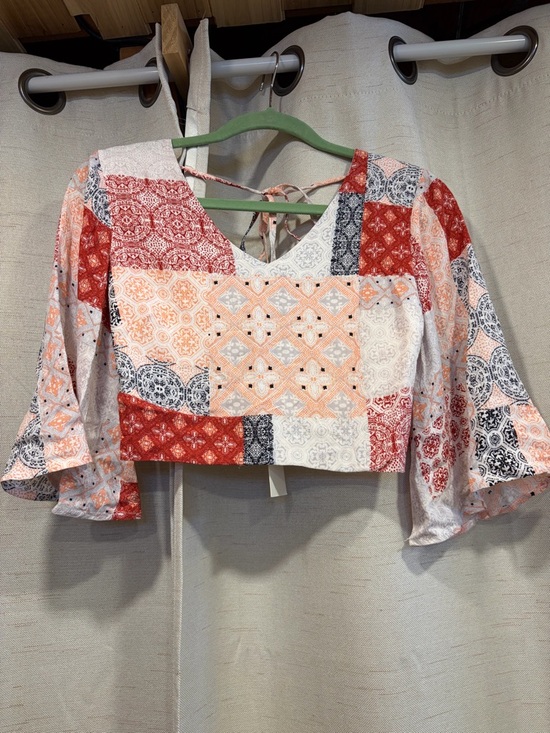 In The Beginning Tops - Boho Patchwork Bell-Sleeve Crop Top